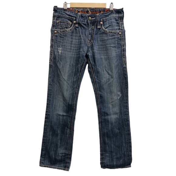 Rock Revival Mens Mick Straight Jeans Size 32 Blue Denim Embroidered Distressed - Picture 1 of 15